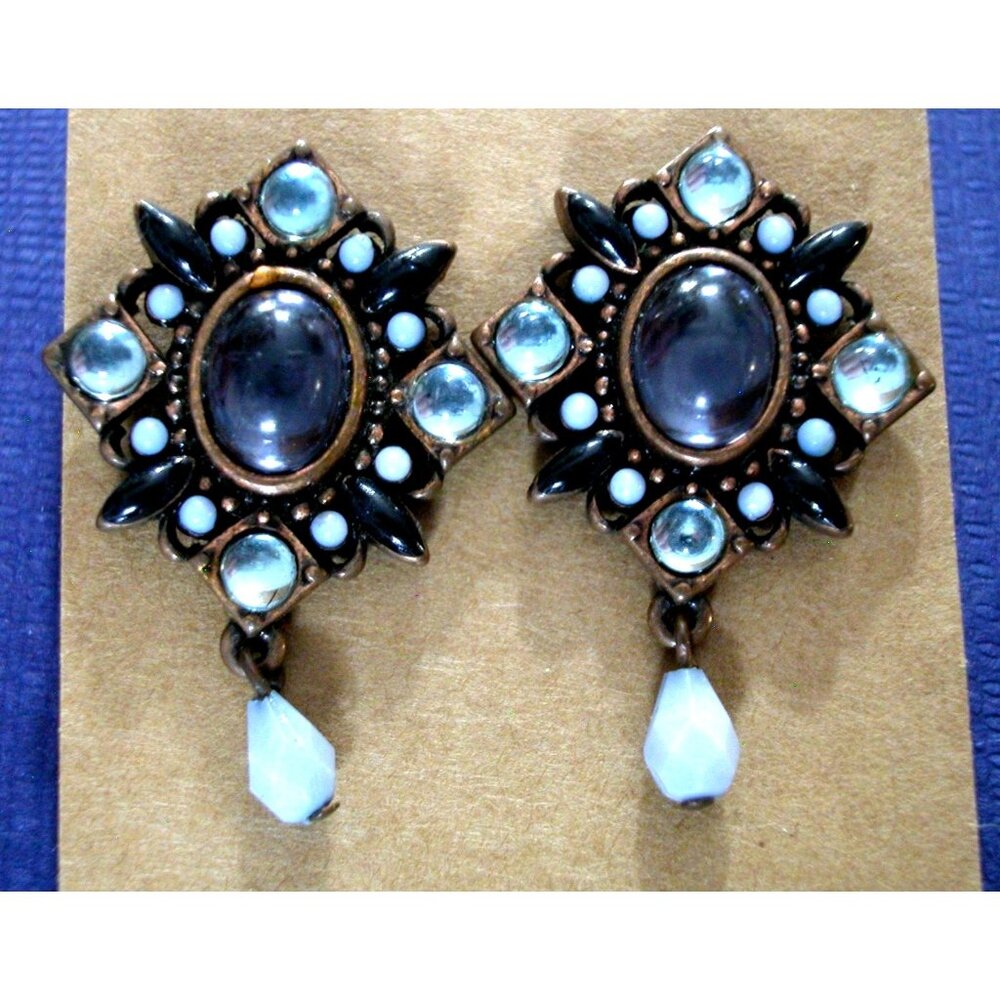 Vintage Avon Gold-Tone Drop Earrings With Black & Clear Stones Oval Center Faux
